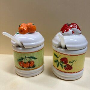 Set 2 Jam Marmalade Ceramic Jars 3"w/Spoon Made in Japan Strawberry Persimmon